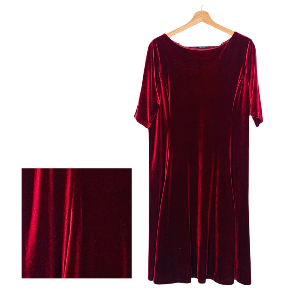 Lands End Women’s Burgundy Stretch Velvet Midi Dress Short Sleeves Size 18 XL